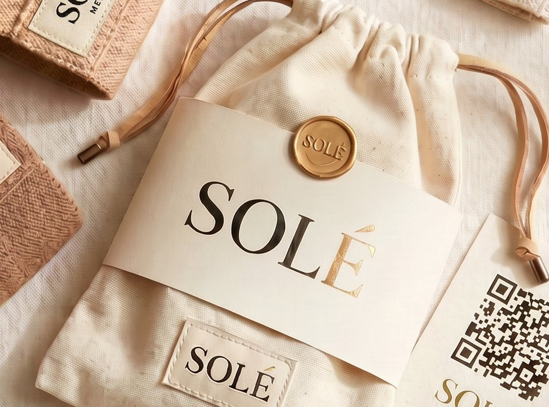 SOLÉ cotton pouch with gold wax seal and leather cord