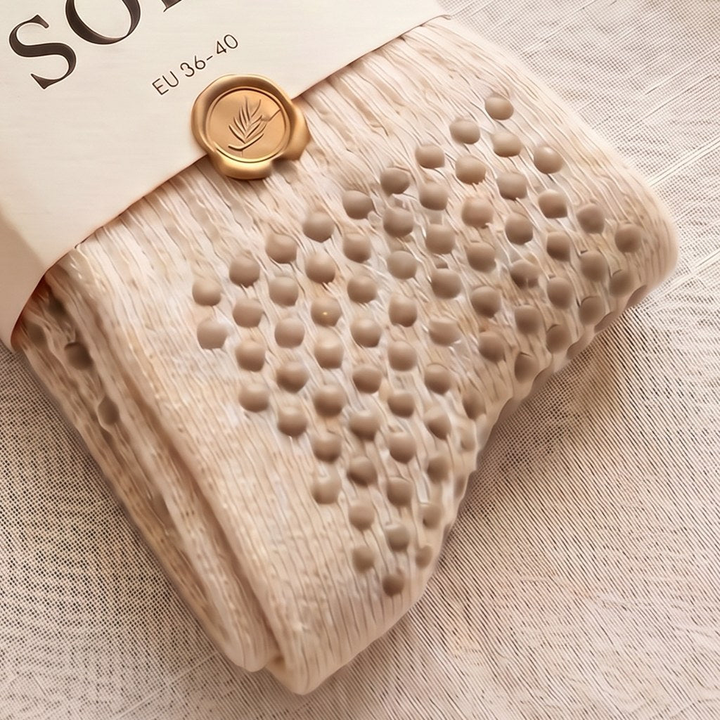 Macro view of tonal silicone grip dots on a SOLÉ grip sock