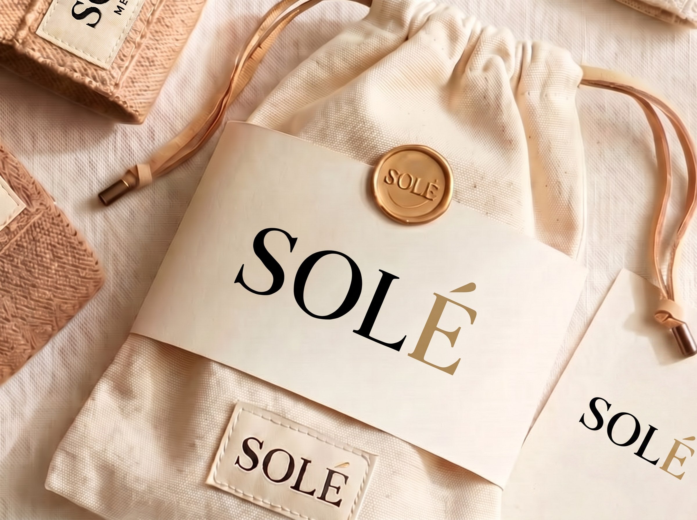 SOLÉ cotton pouch with a pressed wax seal, photographed up close